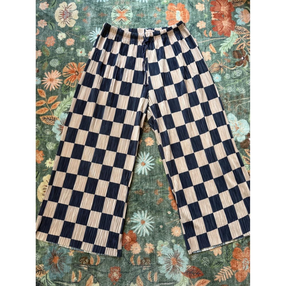 Silence + Noise Checkered Plisse Wide Leg Pants Navy Tan Small Elastic Waist - Picture 2 of 14
